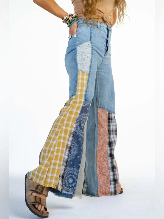 🆕 Three Bird Nest Magnolia Patchwork Flare Women’s Jeans - Picture 1 of 11